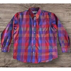 IRVINE PARK Mens Button Down Plaid Shirt Blue Red Purple Size Large Vintage